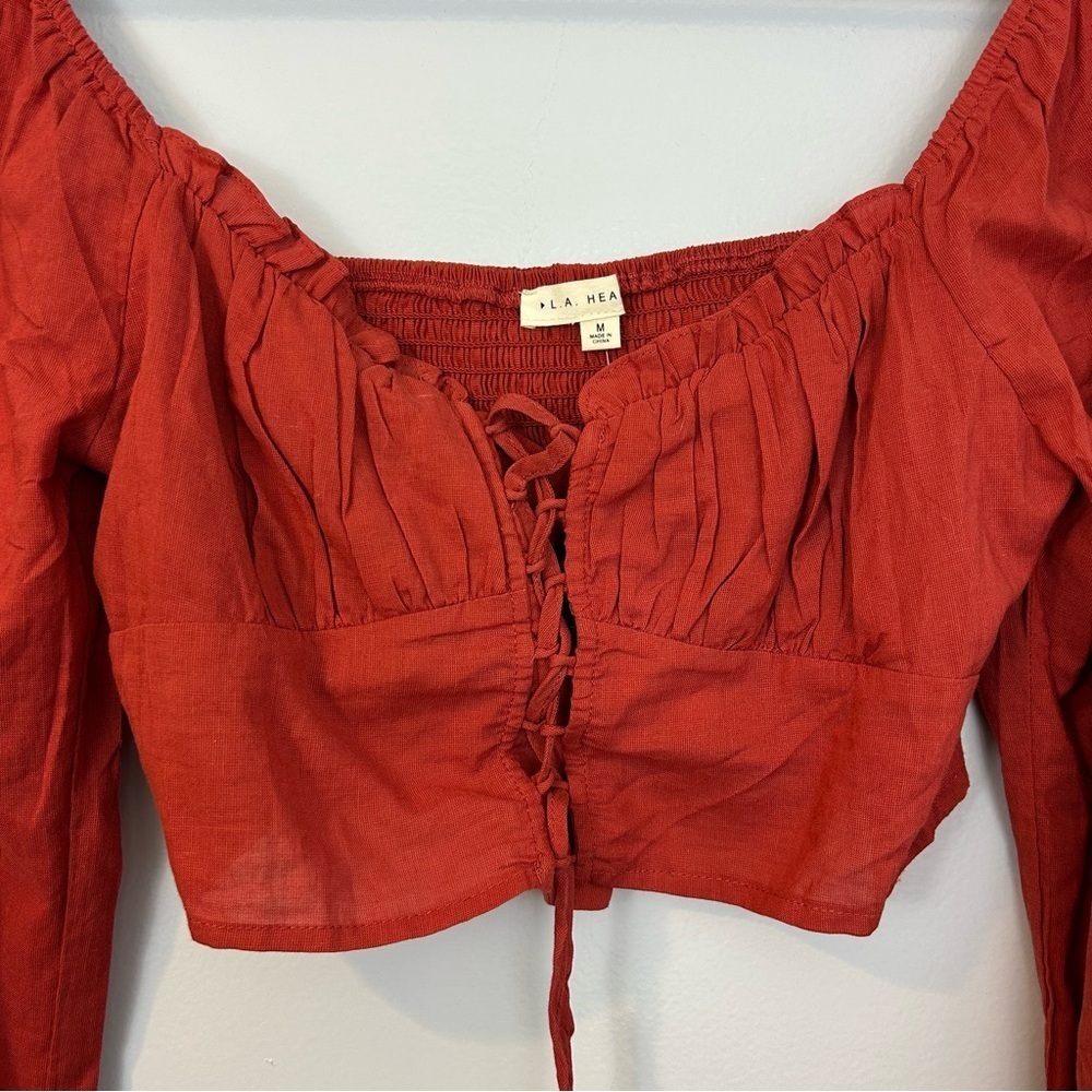 NWT PacSun/La Hearts Lace Up Long Sleeve Rust Boho Crop Top Size Medium - Picture 4 of 13